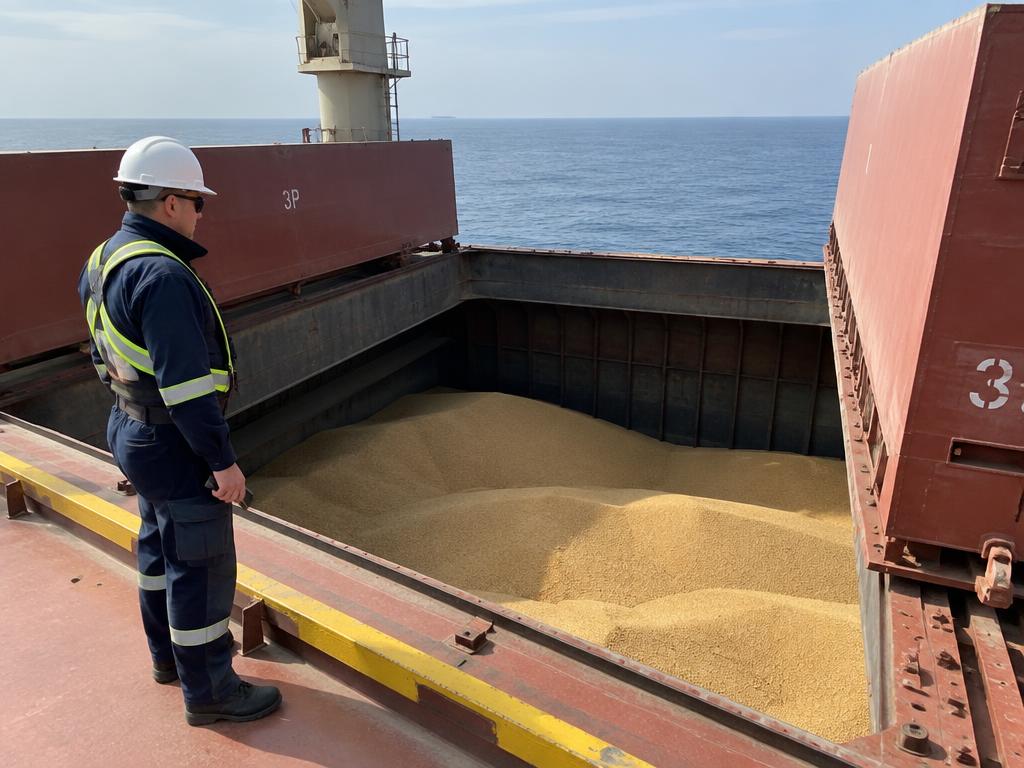 Inspector checking a grain-loaded bulk carrier hold