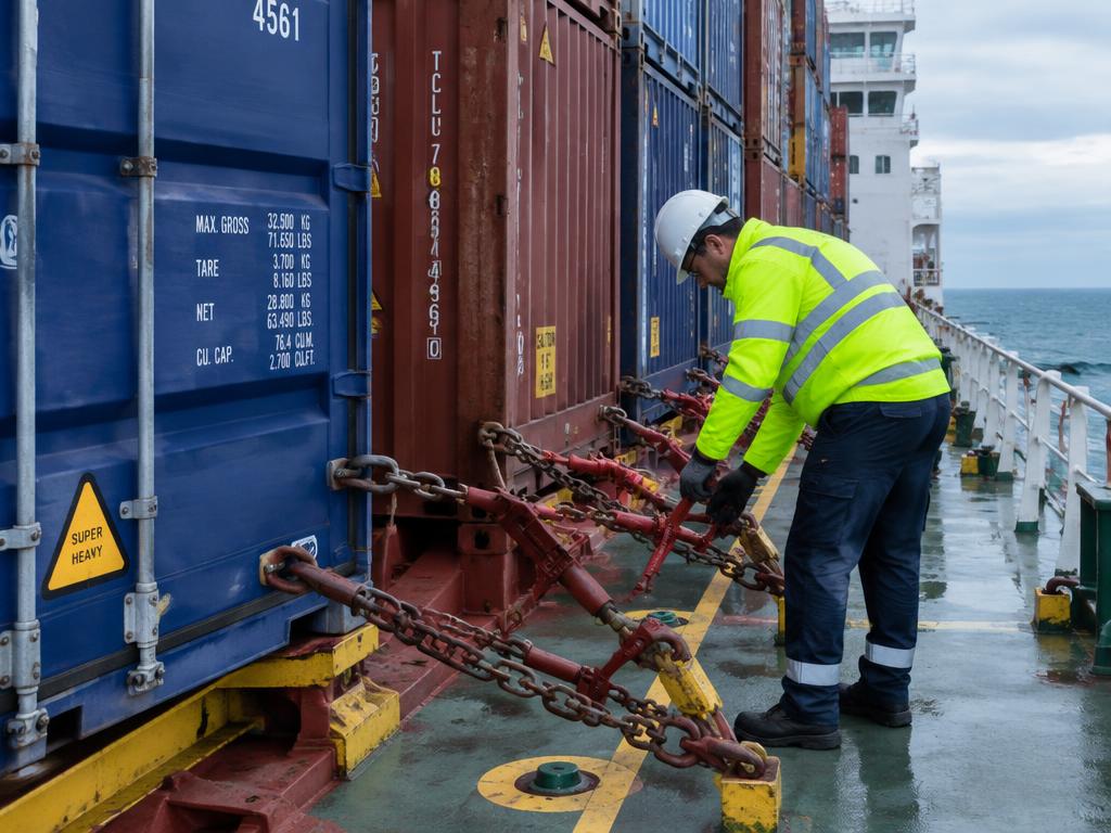 Inspector checking container lashings on deck