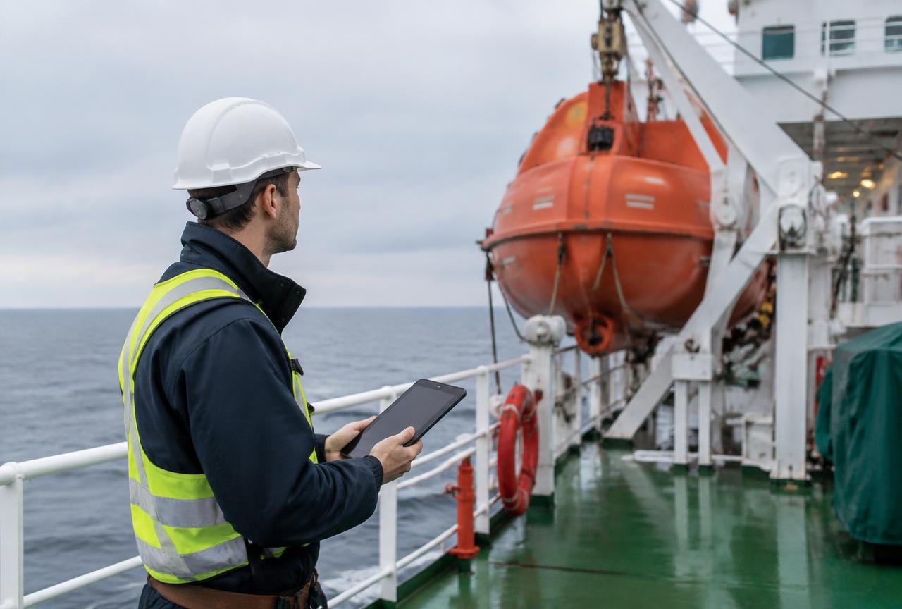 Inspector checking safety equipment on deck