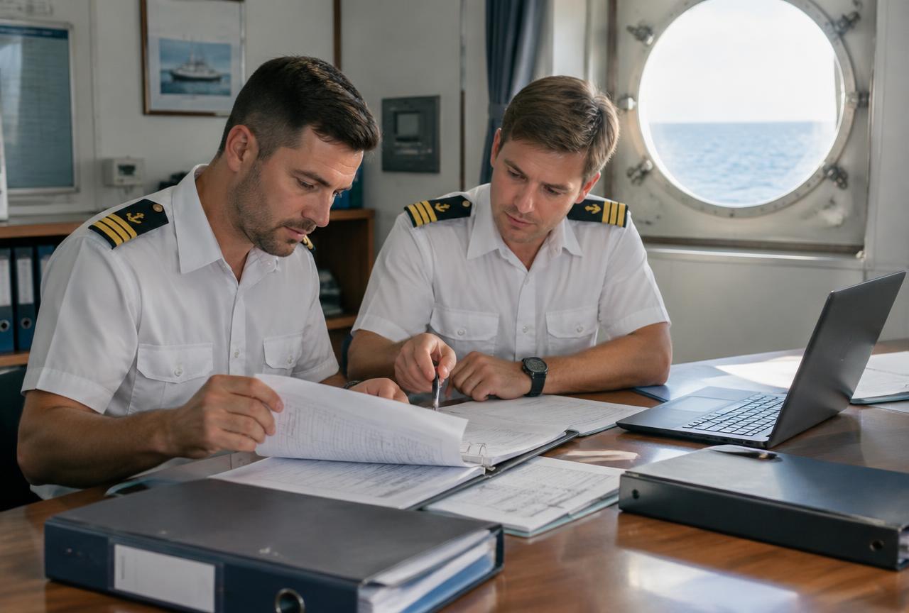 Officers reviewing audit documentation on board