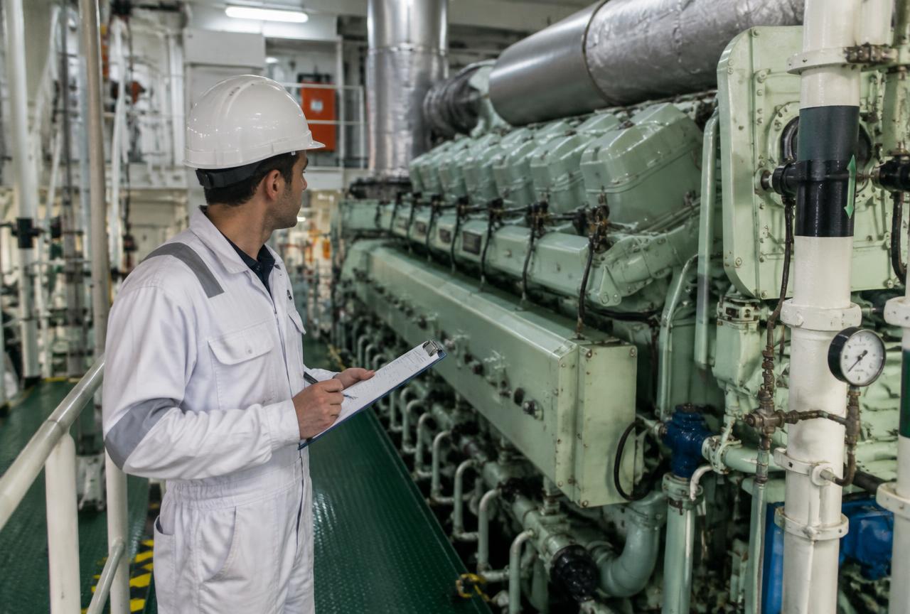 Auditor reviewing machinery in a ship's engine room