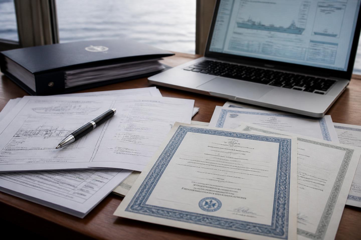 Vessel certificates, technical drawings and checklists on a desk