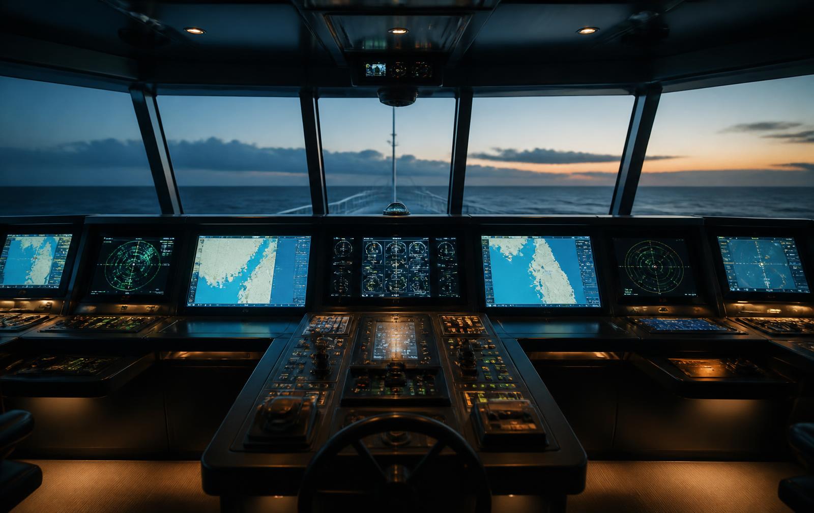 Modern ship navigation bridge with ECDIS and radar displays