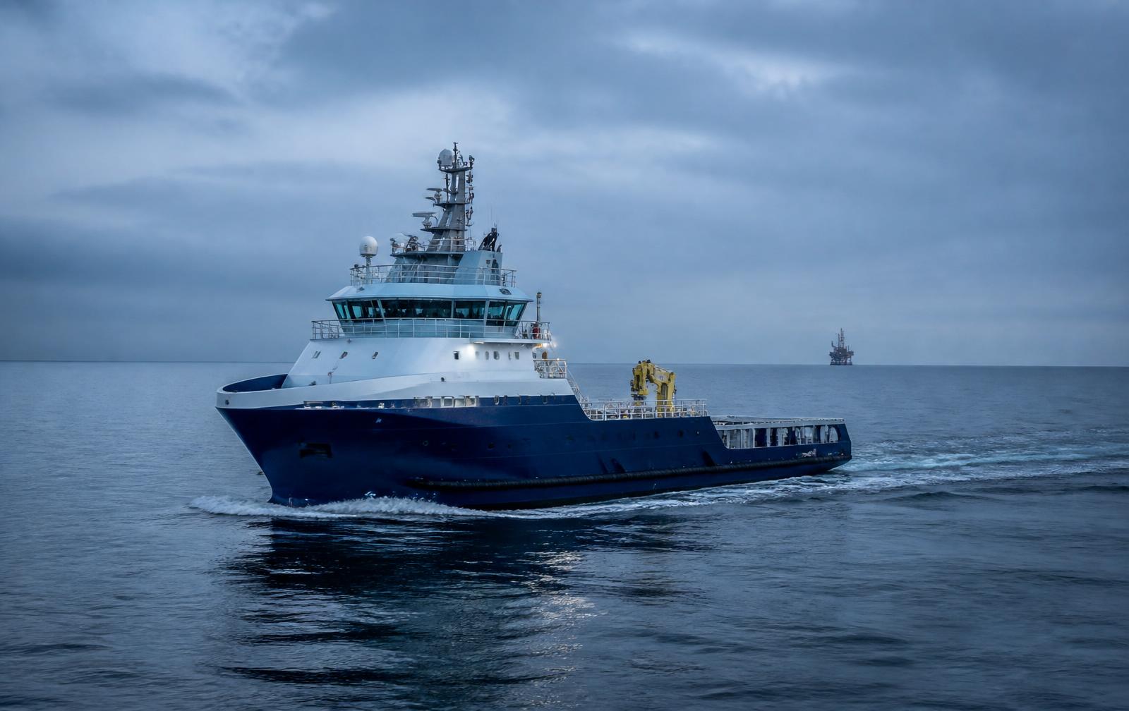 Offshore support vessel underway in the North Sea